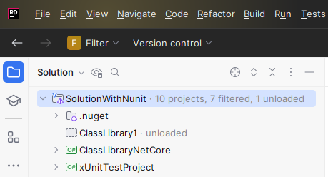 JetBrains&nbsp;Rider：解决方案资源管理器中的解决方案筛选器