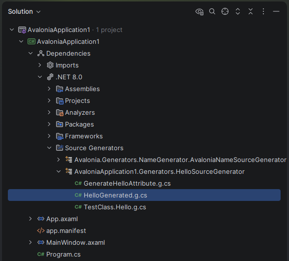 JetBrains Rider: solution explorer showing generated sources JetBrains Rider: solution explorer showing generated sources