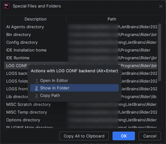 JetBrains&nbsp;Rider: Special Files and Folders dialog