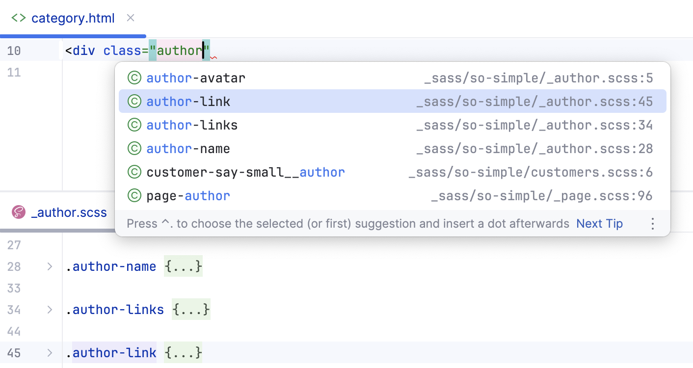 Completion for Sass and SCSS selectors