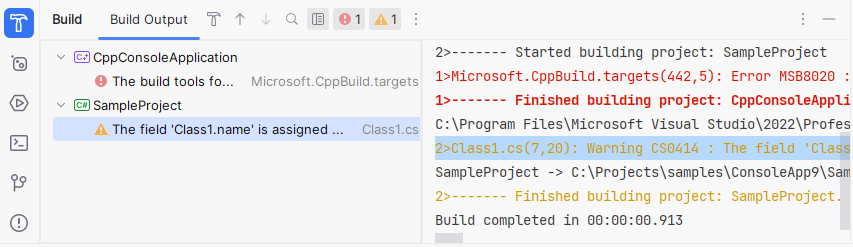 JetBrains Rider: Build window JetBrains Rider: Build window
