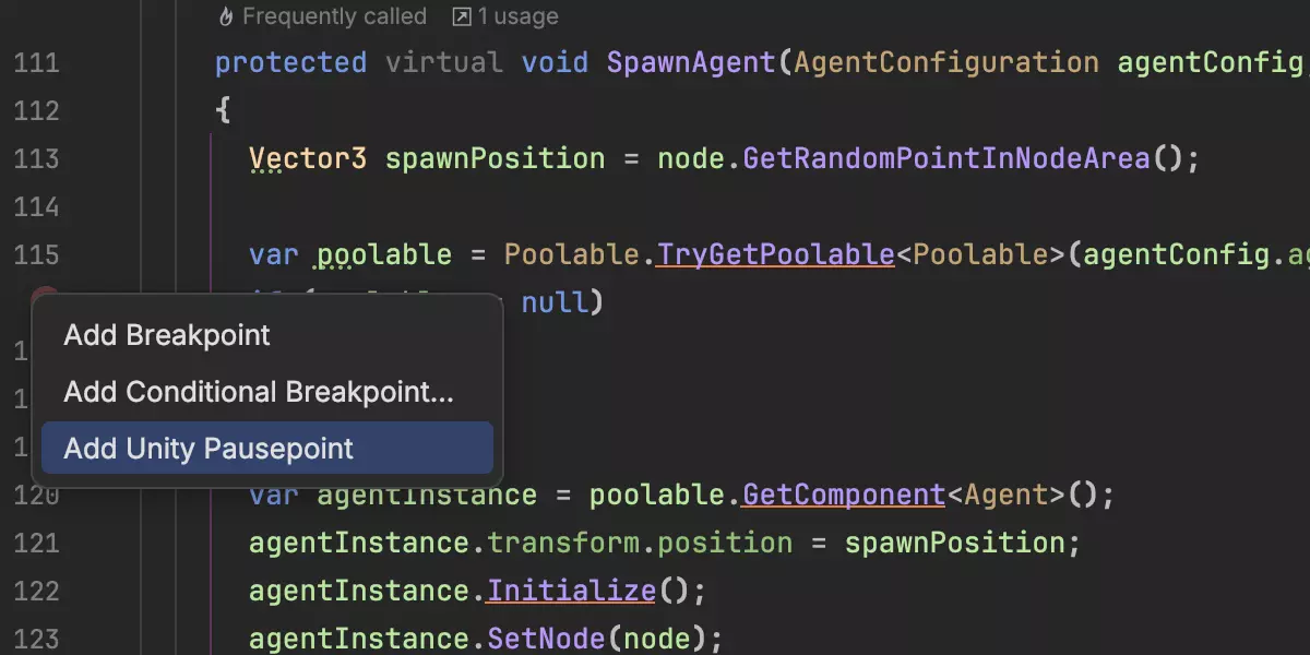 JetBrains&nbsp;Rider： Unity。 添加暂停点
