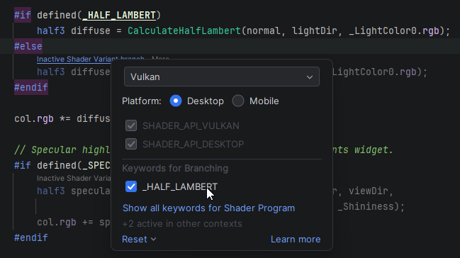 JetBrains Rider: Inactive shader variants branch annotation JetBrains Rider: Inactive shader variants branch annotation