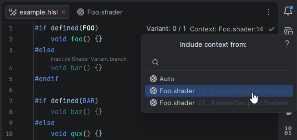 JetBrains Rider: Switch Unity HLSL shader context JetBrains Rider: Switch Unity HLSL shader context