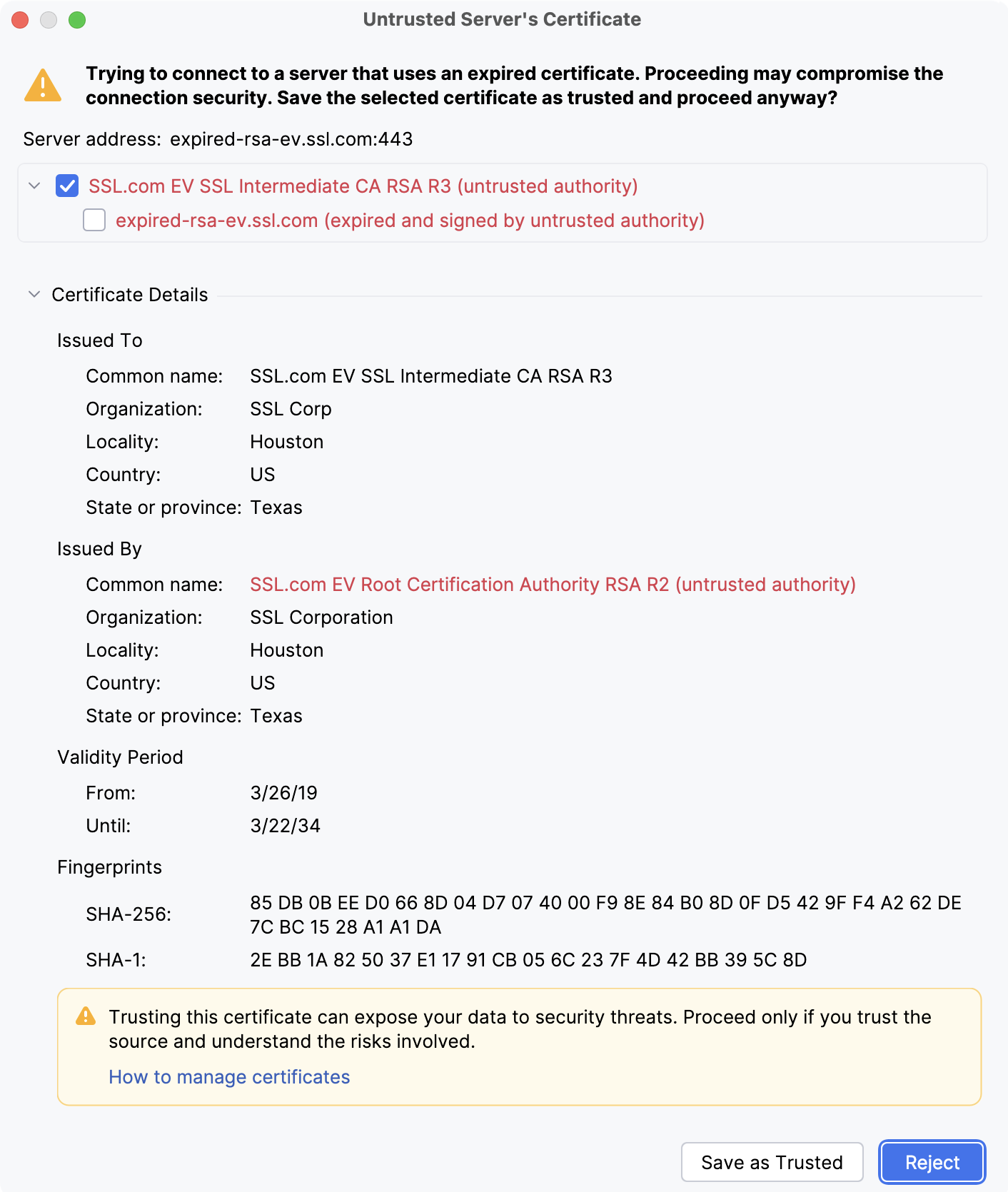 Untrusted Server's Certificate dialog Untrusted Server's Certificate dialog