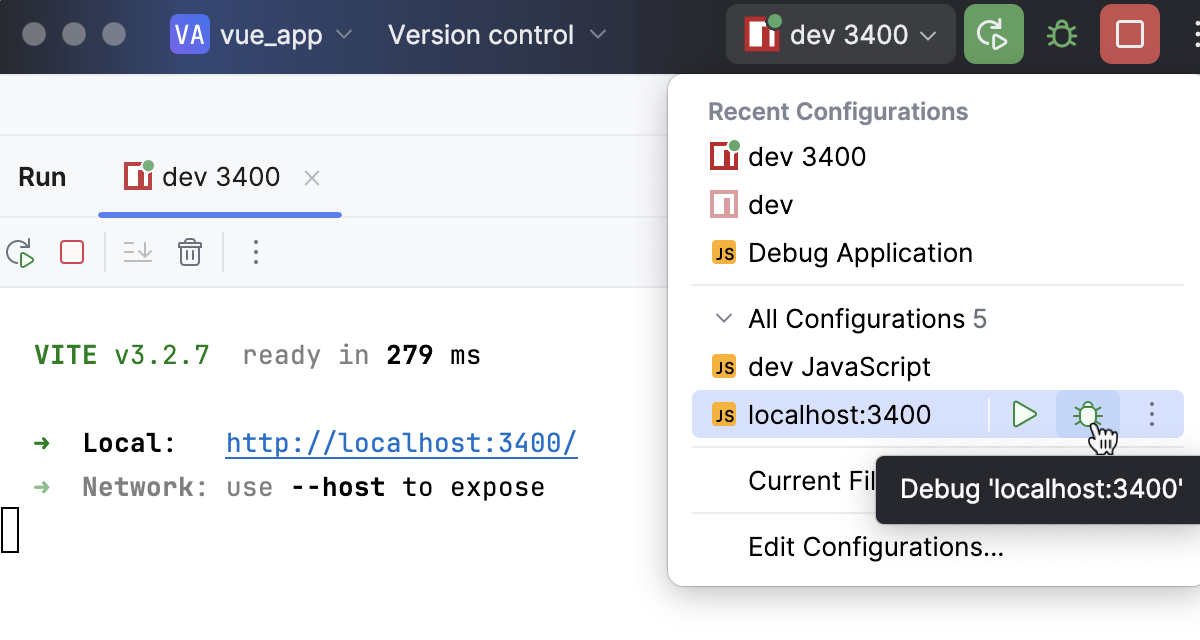 Run a JavaScript Debug configuration from the Run widget Run a JavaScript Debug configuration from the Run widget