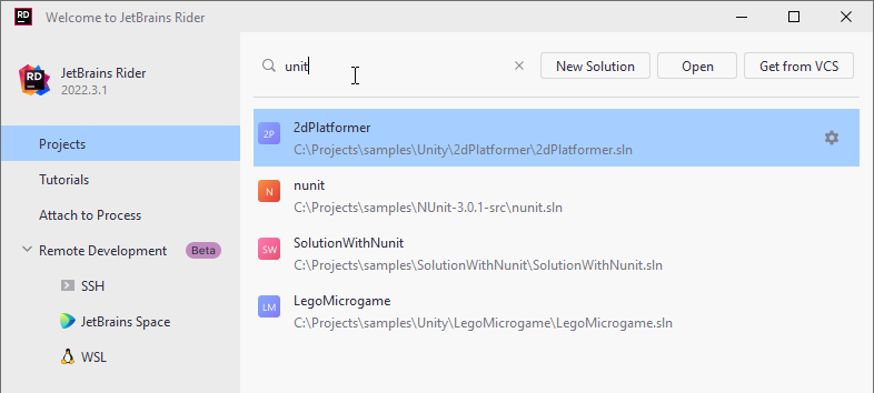 JetBrains&nbsp;Rider 欢迎界面