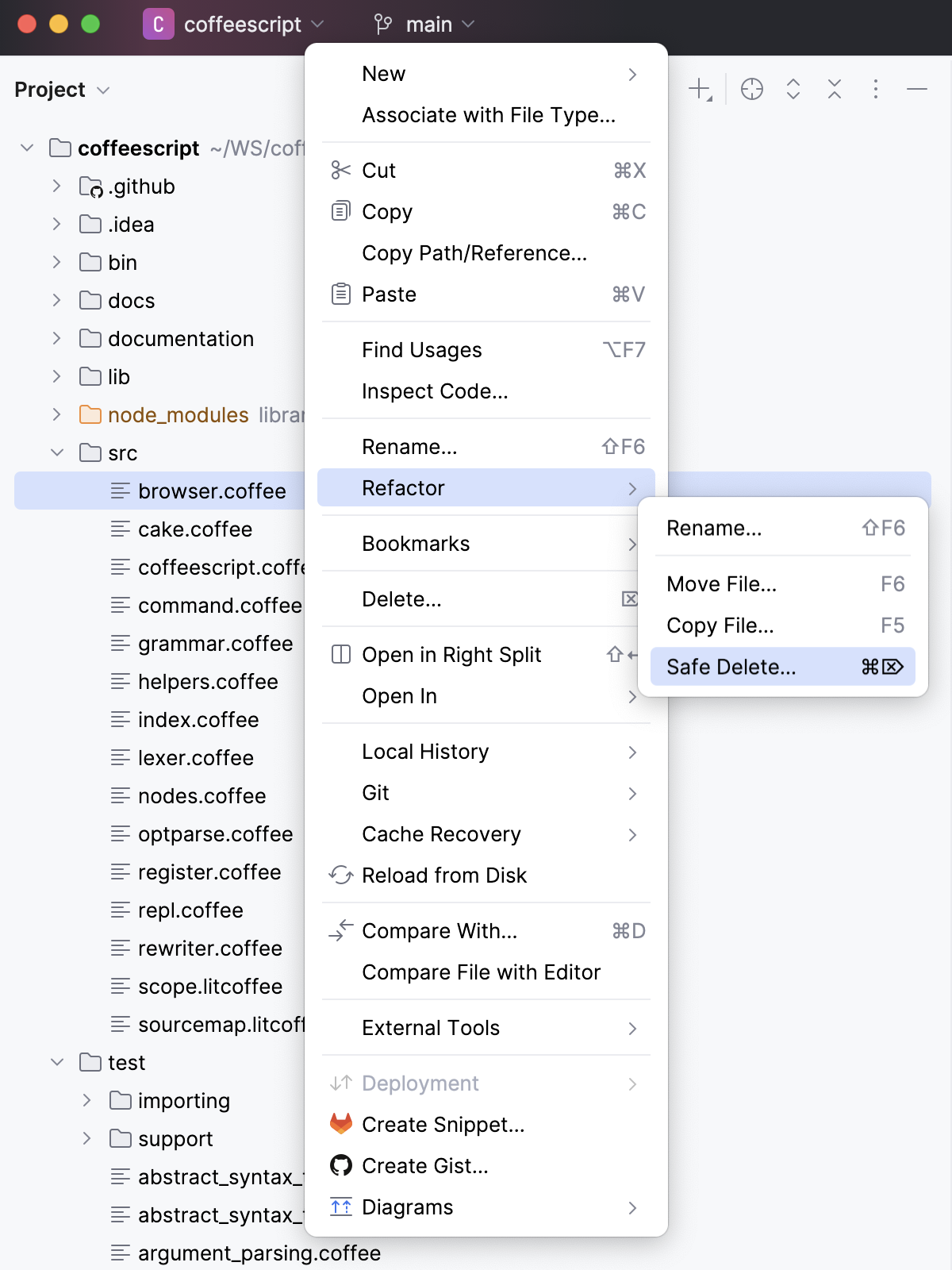 Refactoring CoffeeScript - invoke actions from the Project tool window Refactoring CoffeeScript - invoke actions from the Project tool window
