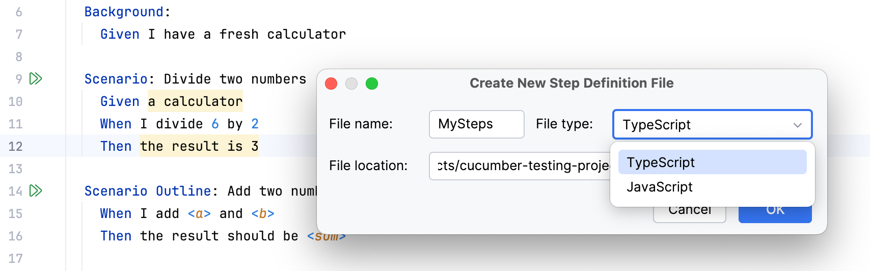 Creating Cucumber.js step definitions: choose language version