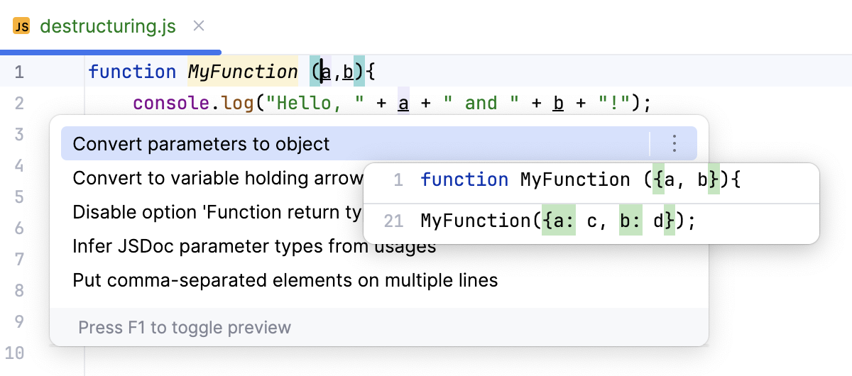 Destructuring with intention action: Convert parameters to object