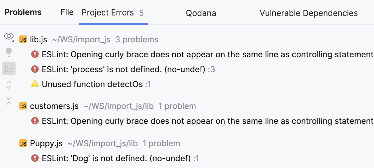 Problems tool window, ESLint. Project Errors tab shows syntax errors in previously opened files across the project Problems tool window, ESLint. Project Errors tab shows syntax errors in previously opened files across the project