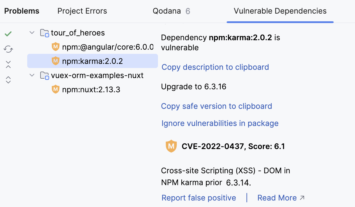 Problems tool window: Vulnerable Dependencies tab Problems tool window: Vulnerable Dependencies tab