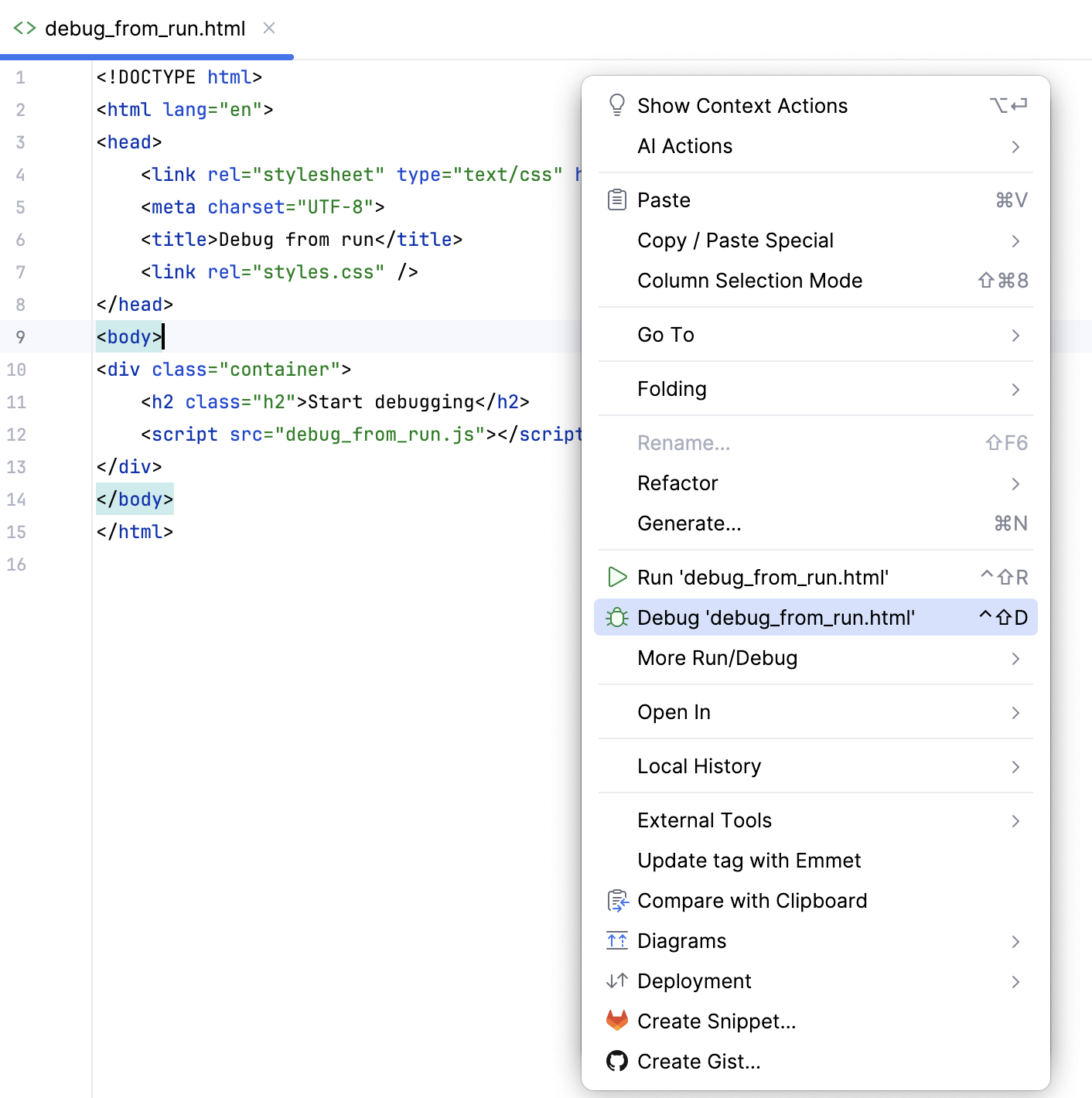 Start debugging session from the editor