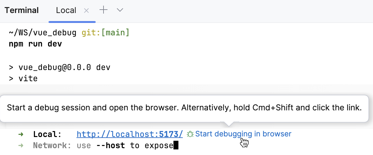 New Terminal: the Start debugging in browser button New Terminal: the Start debugging in browser button
