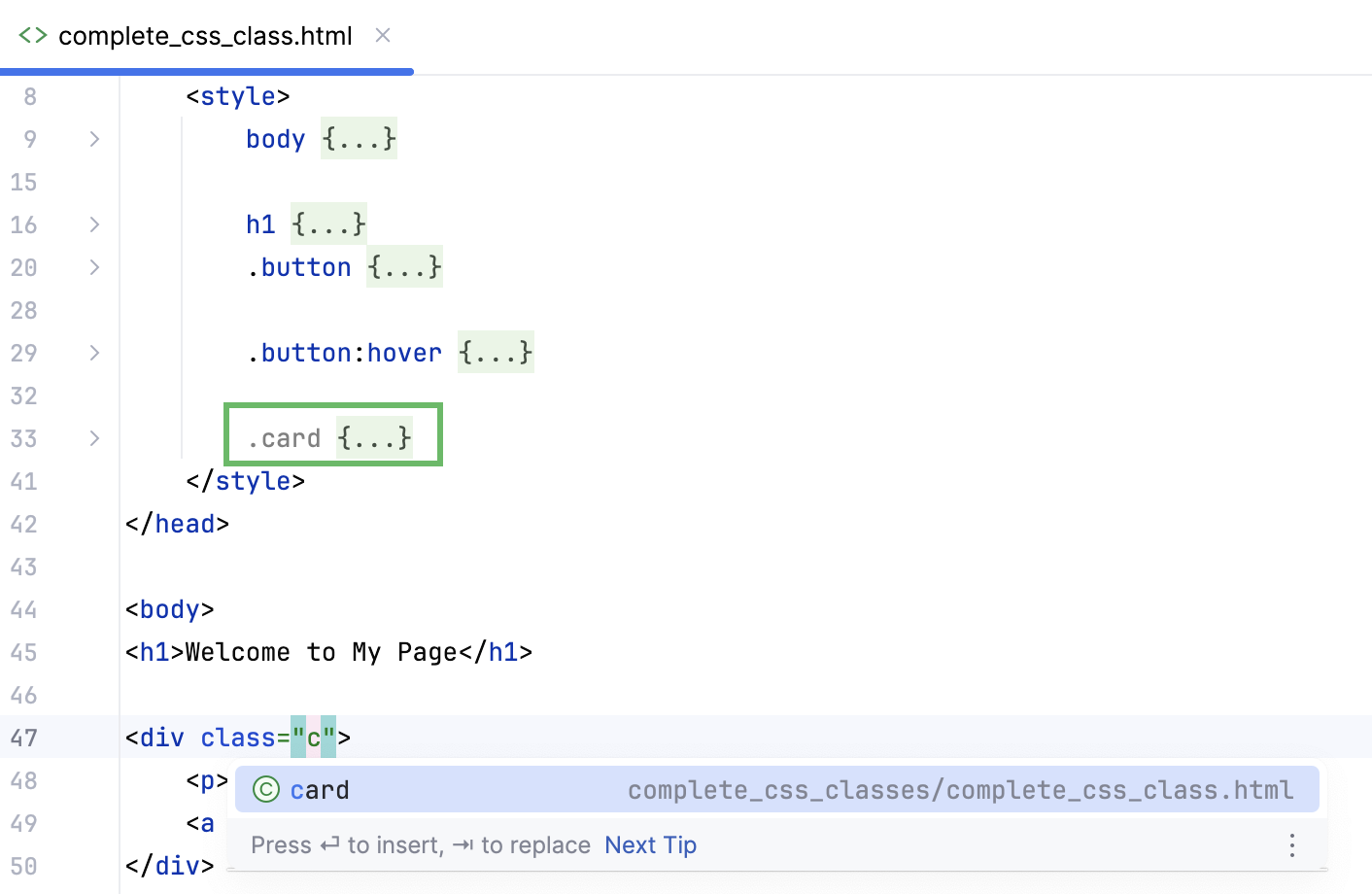 Completion for a class defined within a style block Completion for a class defined within a style block