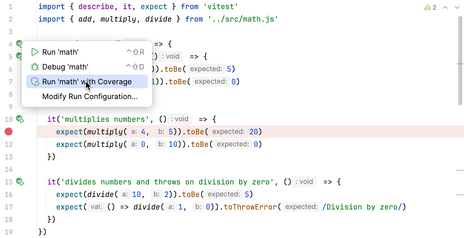 Run Vitest tests with coverage from the editor