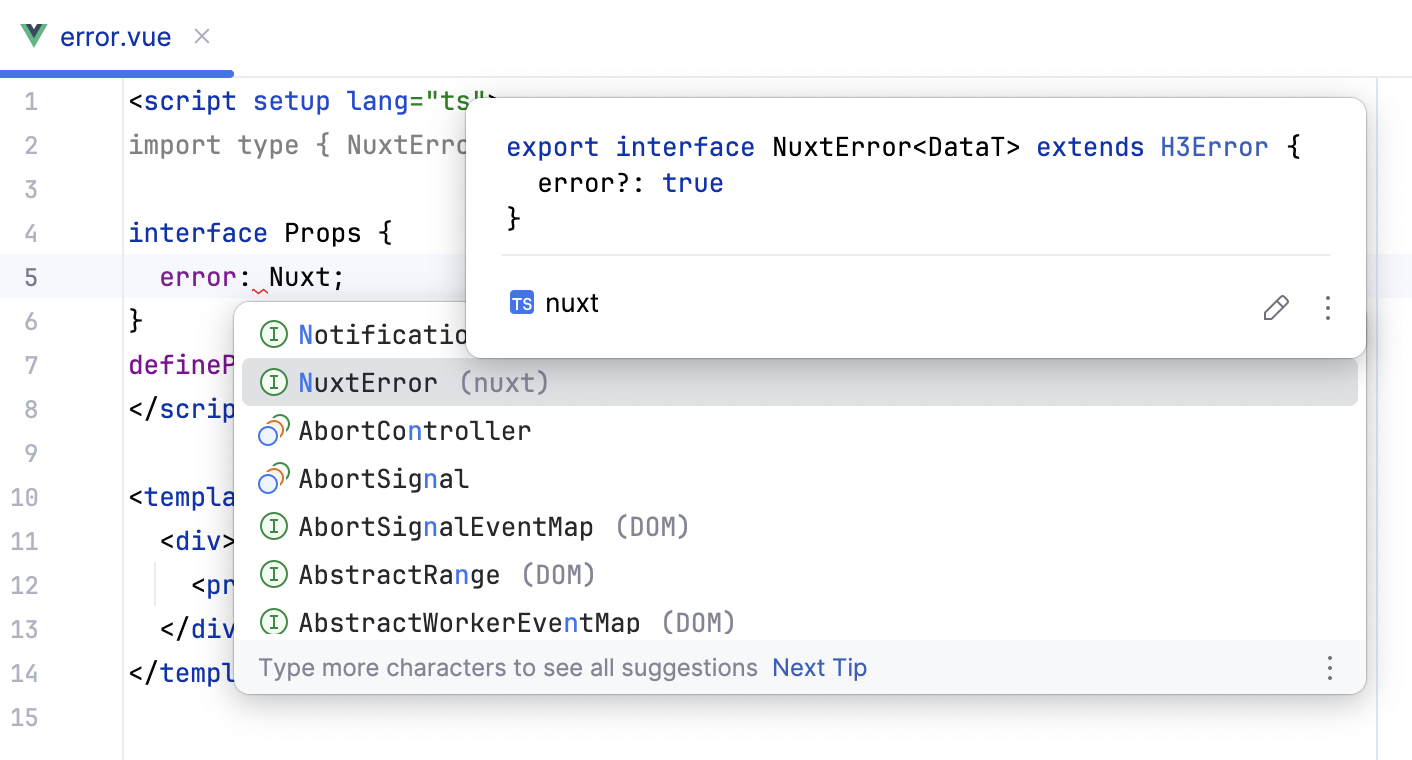 针对 Nuxt 组件的补全和快速文档