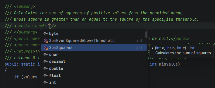 JetBrains&nbsp;Rider: Code completion for 'cref' in XML documentation comment