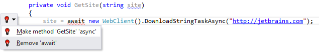 JetBrains Rider: Missing async modifier quick-fix JetBrains Rider: Missing async modifier quick-fix