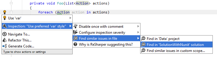 JetBrains&nbsp;Rider: Using action list to find similar issues