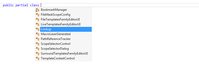 Suggestions for existing partial classes in JetBrains&nbsp;Rider code completion