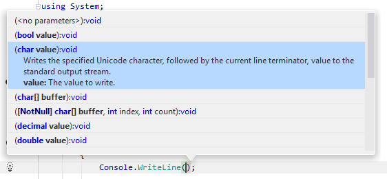 Viewing available method signatures using the JetBrains&nbsp;Rider's parameter information popup