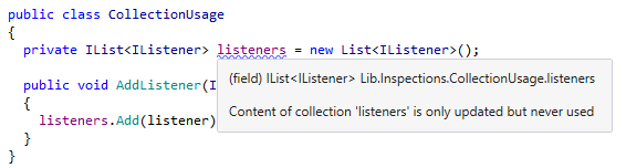 JetBrains&nbsp;Rider warns you that a collection is never read.