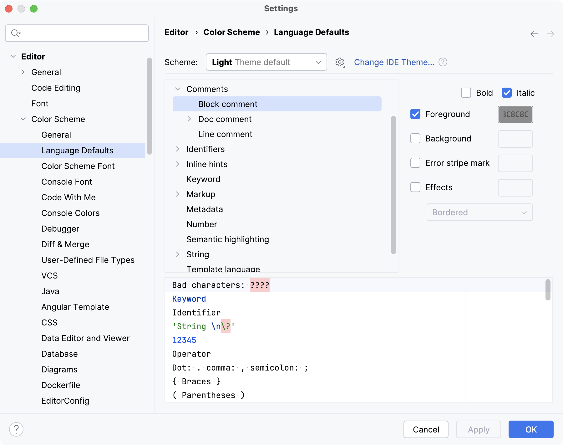Language Defaults section under Color Scheme settings Language Defaults section under Color Scheme settings