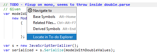 JetBrains&nbsp;Rider: Navigating from TODO item in the editor to the TODO Explorer