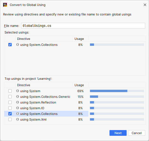 JetBrains&nbsp;Rider: 'Convert to Global Using' refactoring