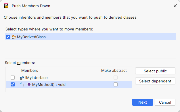 JetBrains&nbsp;Rider. Push Members Down refactoring