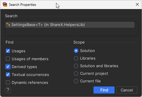 JetBrains&nbsp;Rider. 'Search Properties' dialog