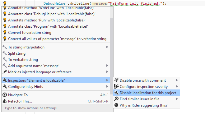 JetBrains Rider: Disabling localization inspection for project JetBrains Rider: Disabling localization inspection for project