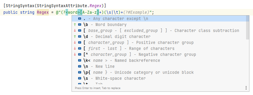 JetBrains&nbsp;Rider: Coding assistance for [StringSyntaxAttribute]