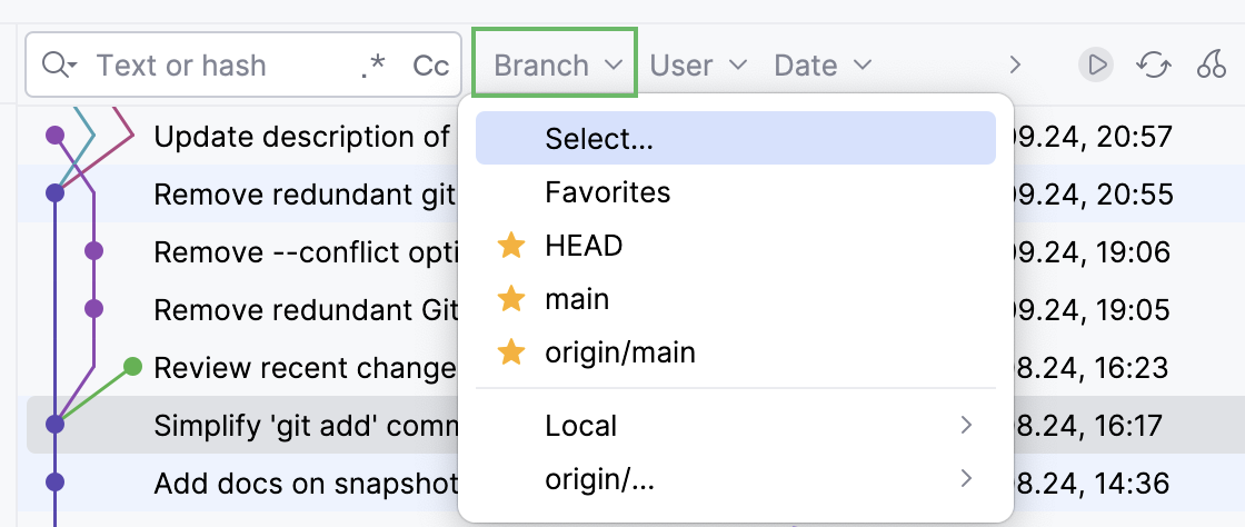 Filter log by branch Filter log by branch