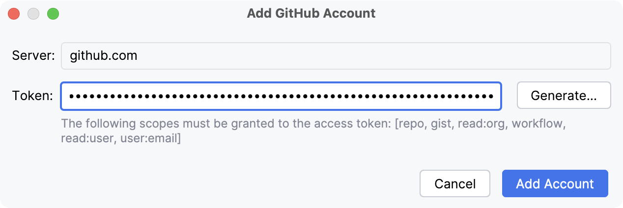 Adding GitHub account with token