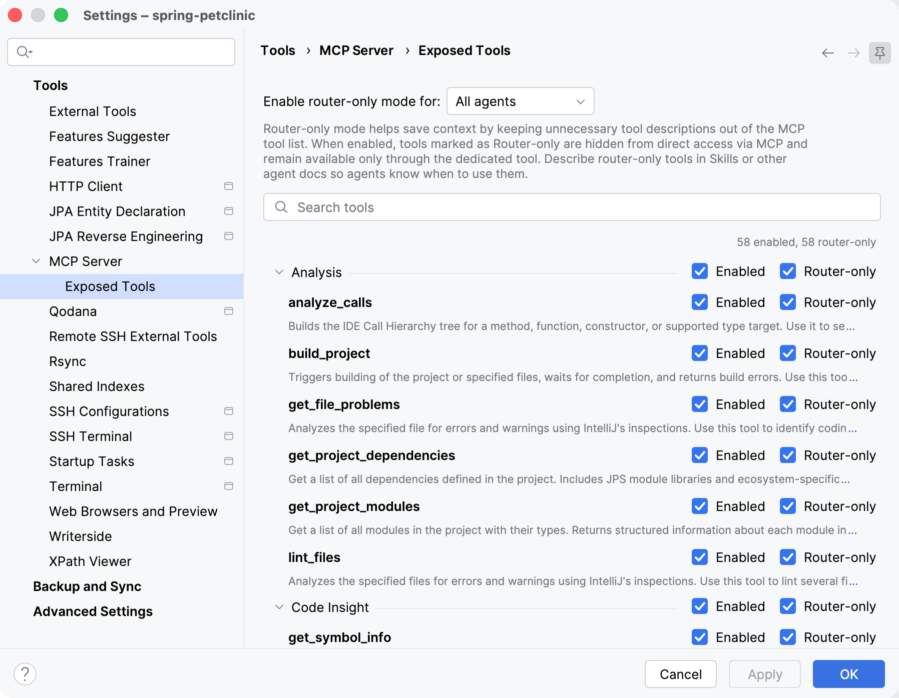 The Exposed Tools settings page The Exposed Tools settings page