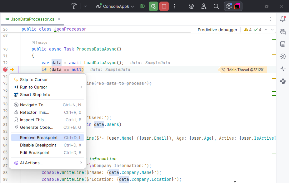 JetBrains&nbsp;Rider: Alt+Enter menu in the debug mode