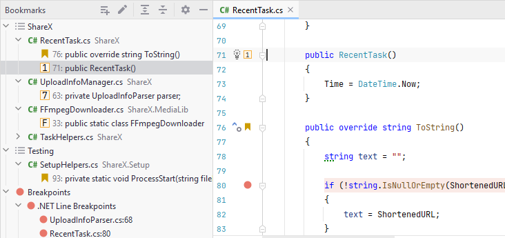 JetBrains Rider: Bookmarks tool window JetBrains Rider: Bookmarks tool window