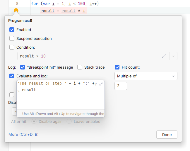 JetBrains&nbsp;Rider: evaluating expressions on tracepoint