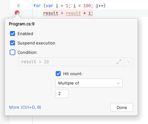 JetBrains&nbsp;Rider: breakpoints. hit count