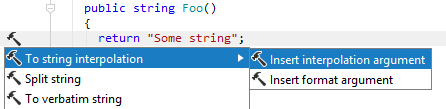 JetBrains&nbsp;Rider: Converting simple string to string interpolation