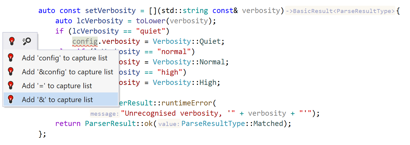 JetBrains&nbsp;Rider C++: quick-fix to update the capture list
