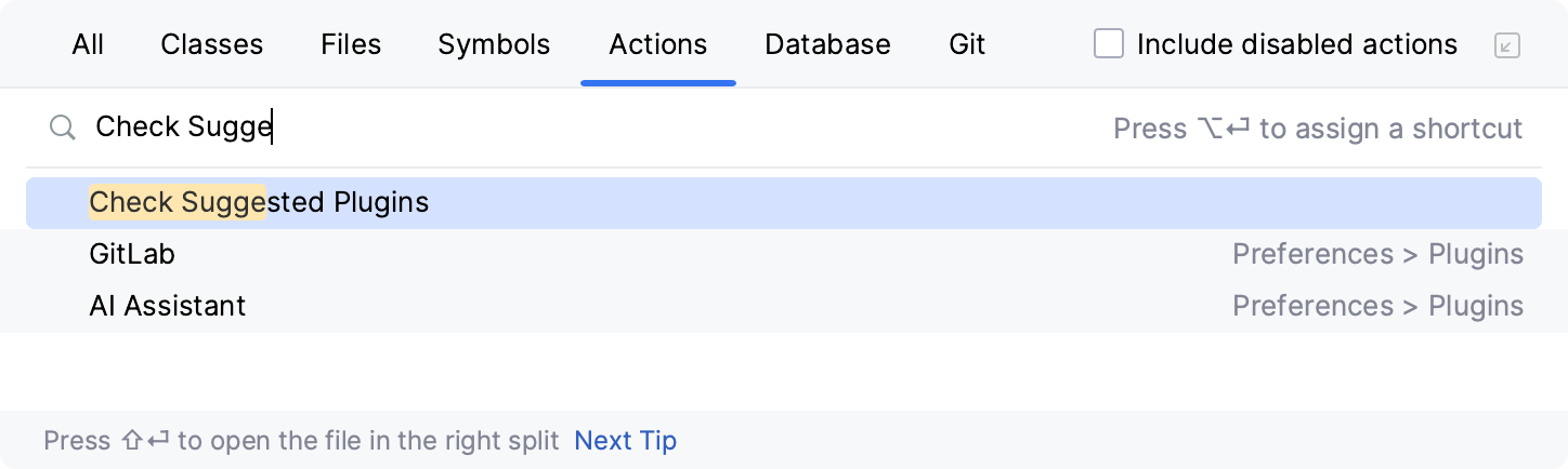 Go to Action popup showing Check Suggested Plugins action highlighted as the top result under the Actions tab.
