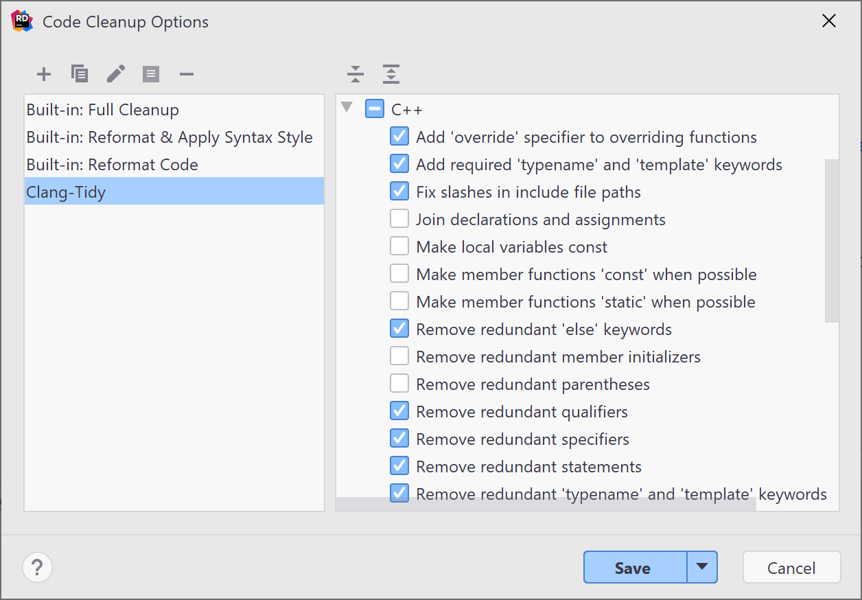 JetBrains&nbsp;Rider: Applying Clang-Tidy fixes with code cleanup