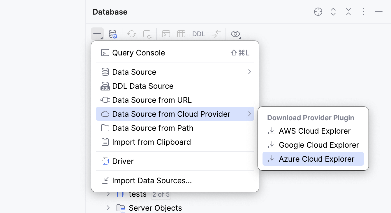 Selecting the Azure cloud provider plugin to download in Database tool window Selecting the Azure cloud provider plugin to download in Database tool window