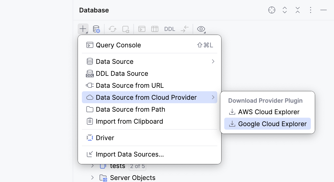 Selecting the Google Cloud cloud provider plugin to download in Database tool window Selecting the Google Cloud cloud provider plugin to download in Database tool window