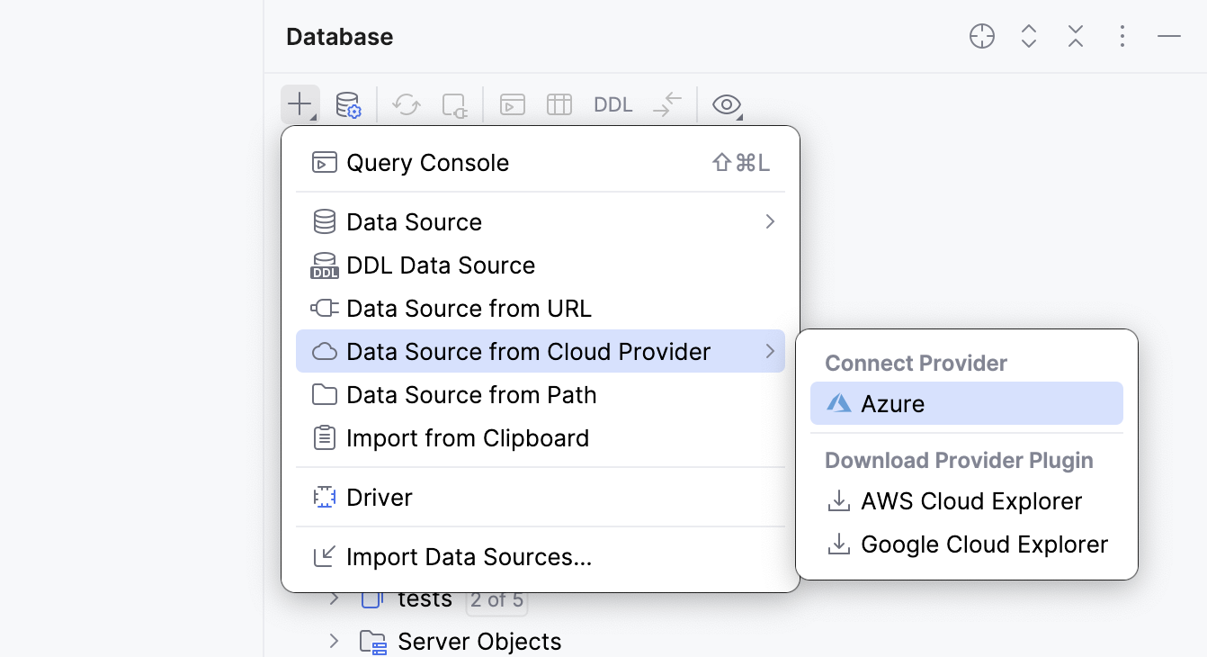 Selecting Azure from the cloud provider submenu in Database tool window Selecting Azure from the cloud provider submenu in Database tool window