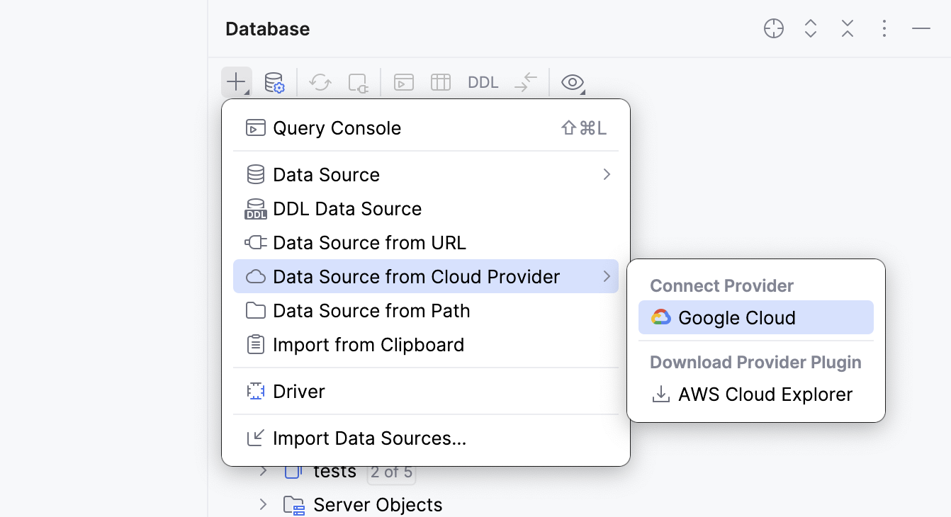 Selecting Google Cloud from the cloud provider submenu in Database tool window Selecting Google Cloud from the cloud provider submenu in Database tool window