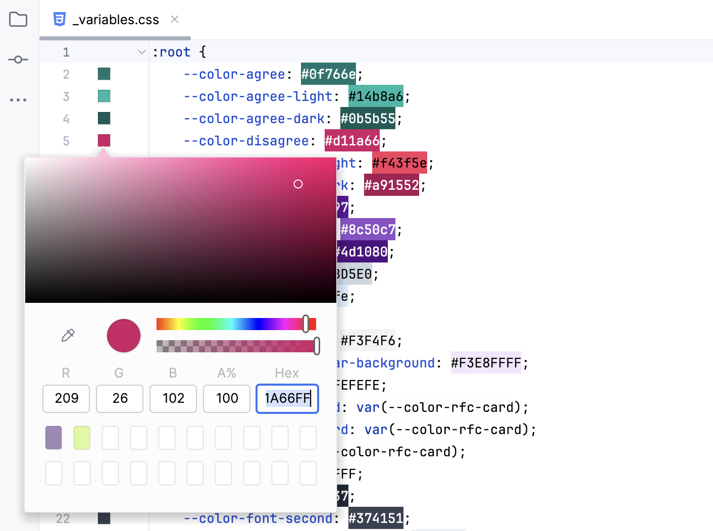 Click color gutter icon to open the color picker Click color gutter icon to open the color picker